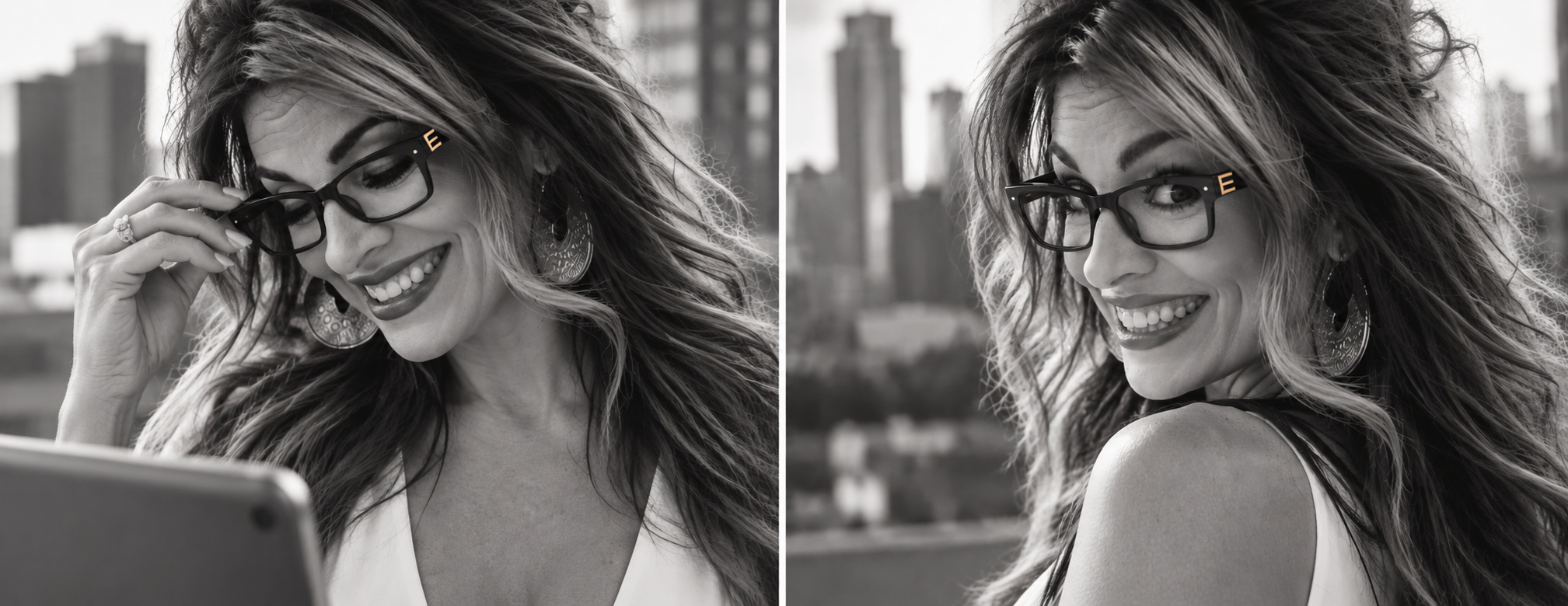 Woman wearing Eviveo smart glasses with city skyline